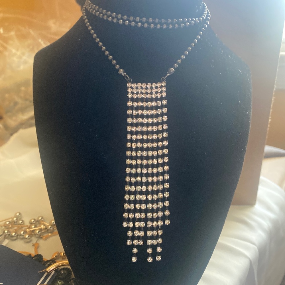 Long necklace with waterfall rhinestones  16in